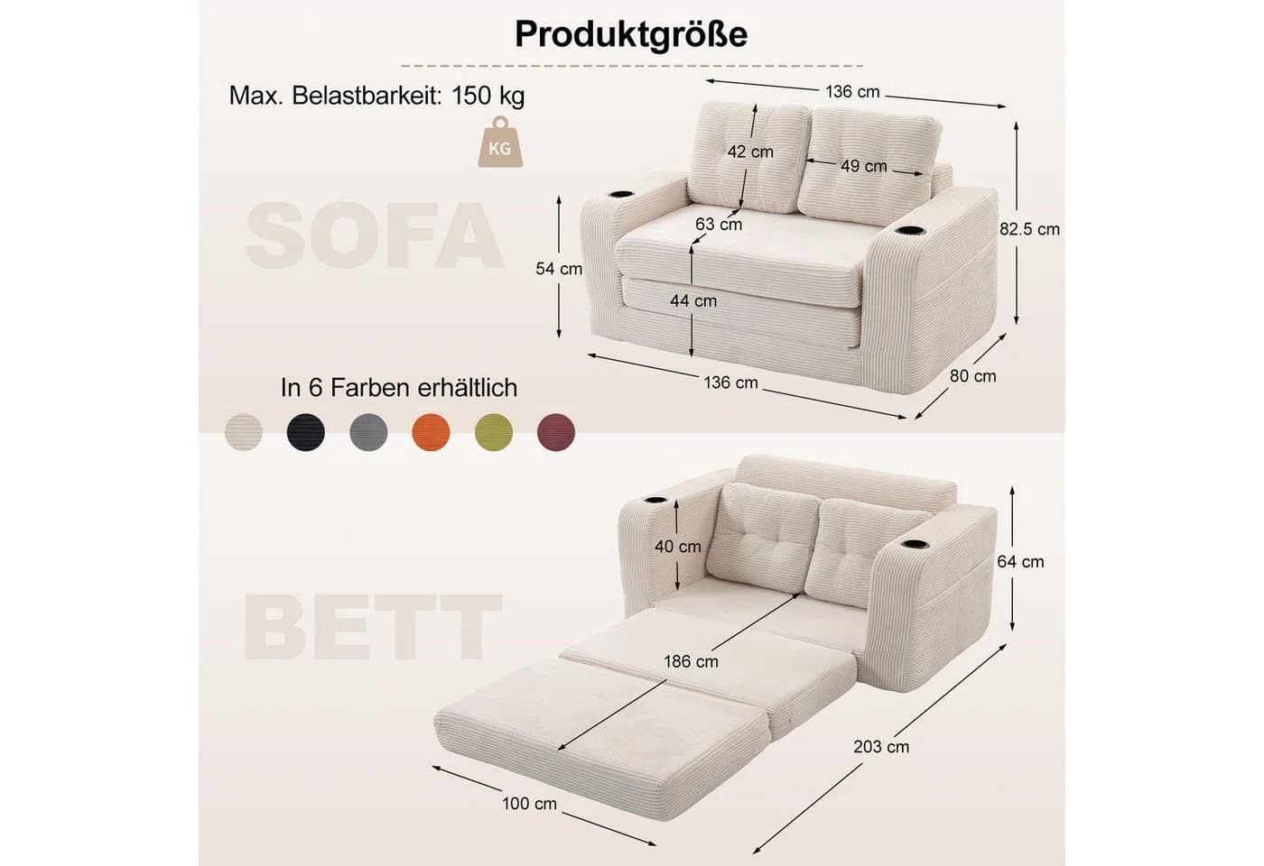 GLP Schlafsofa 2-Sitzer Beige Cord mit Schlaffunktion