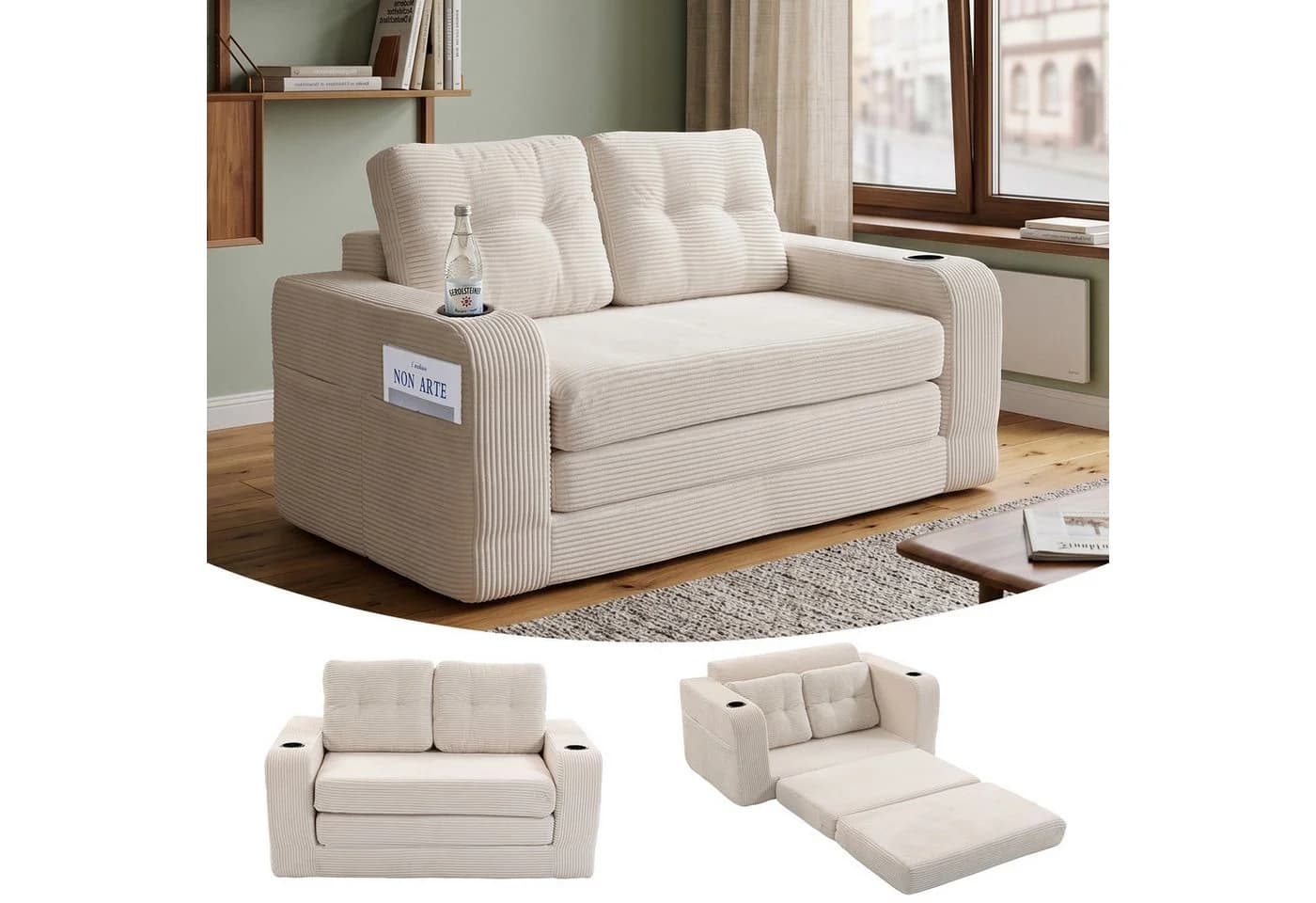 GLP Schlafsofa 2-Sitzer Beige Cord mit Schlaffunktion - Bild 2