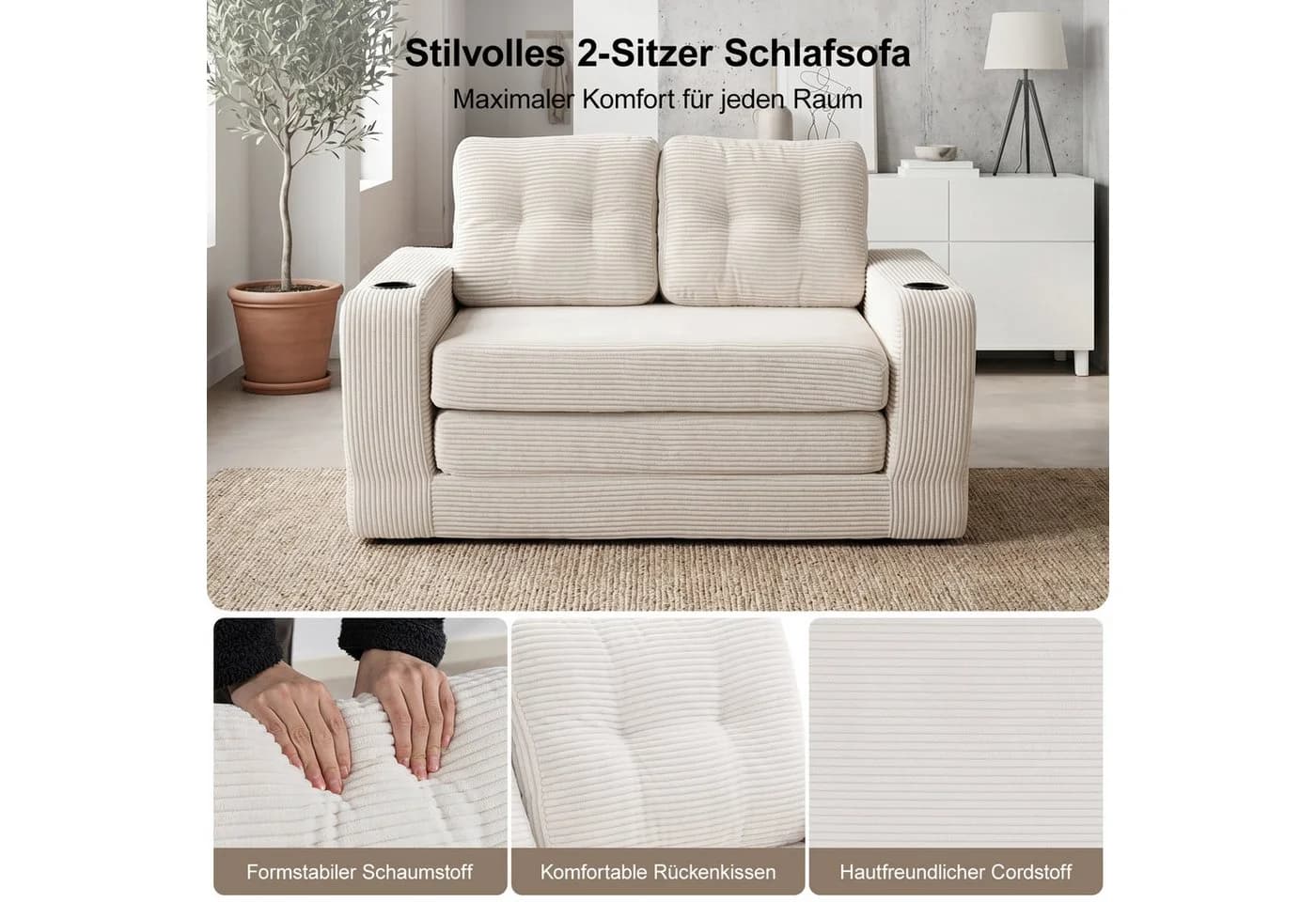 GLP Schlafsofa 2-Sitzer Beige Cord mit Schlaffunktion - Bild 3