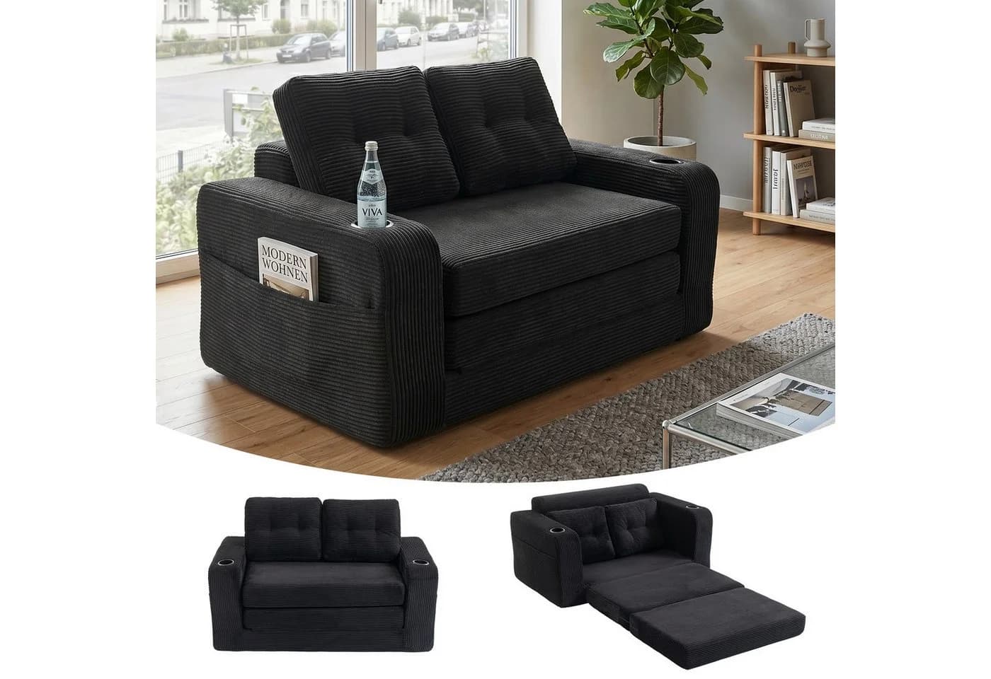 GLP Schlafsofa 2-Sitzer Schwarz Cord mit Getränkehaltern - Bild 2