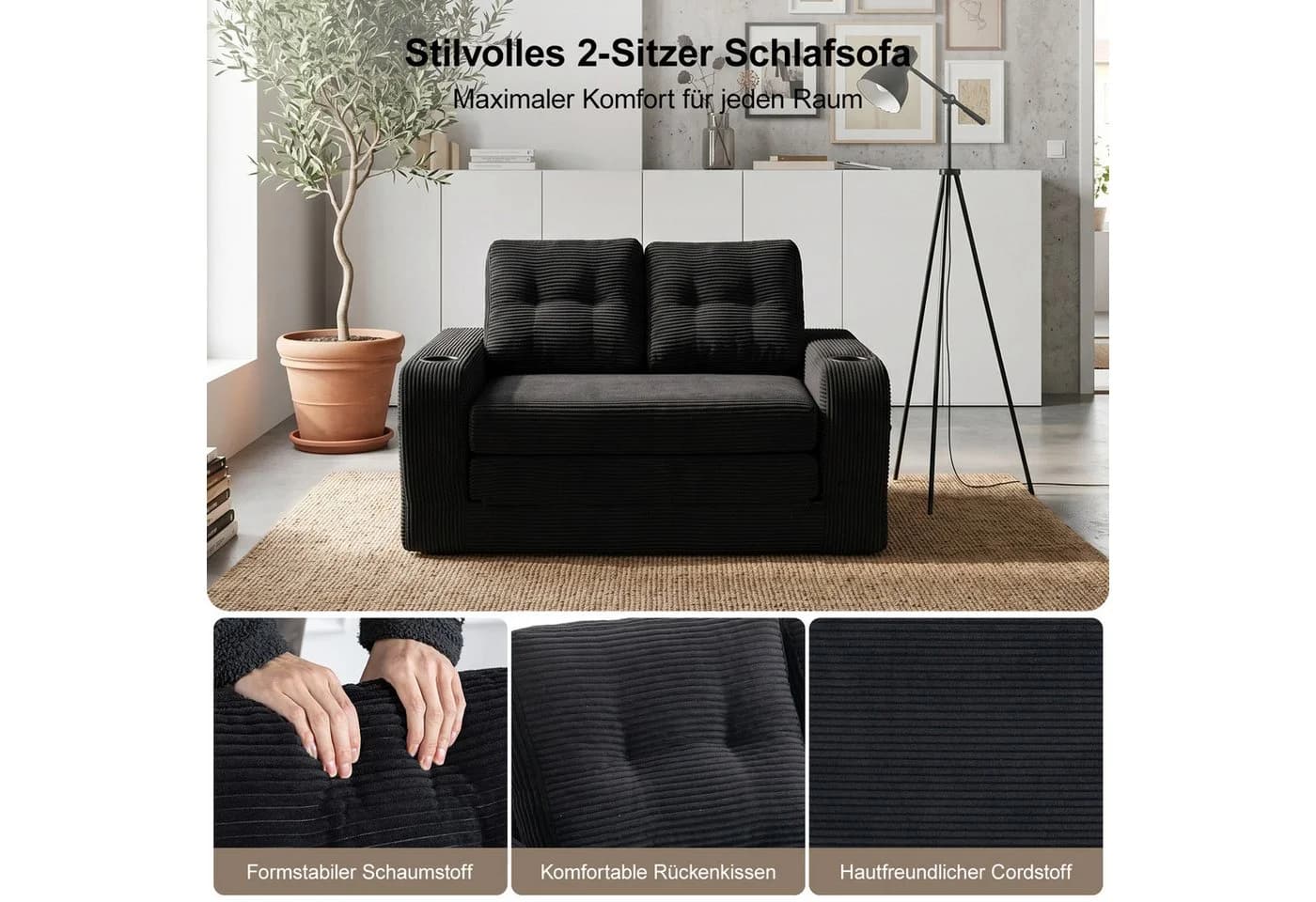 GLP Schlafsofa 2-Sitzer Schwarz Cord mit Getränkehaltern - Bild 3