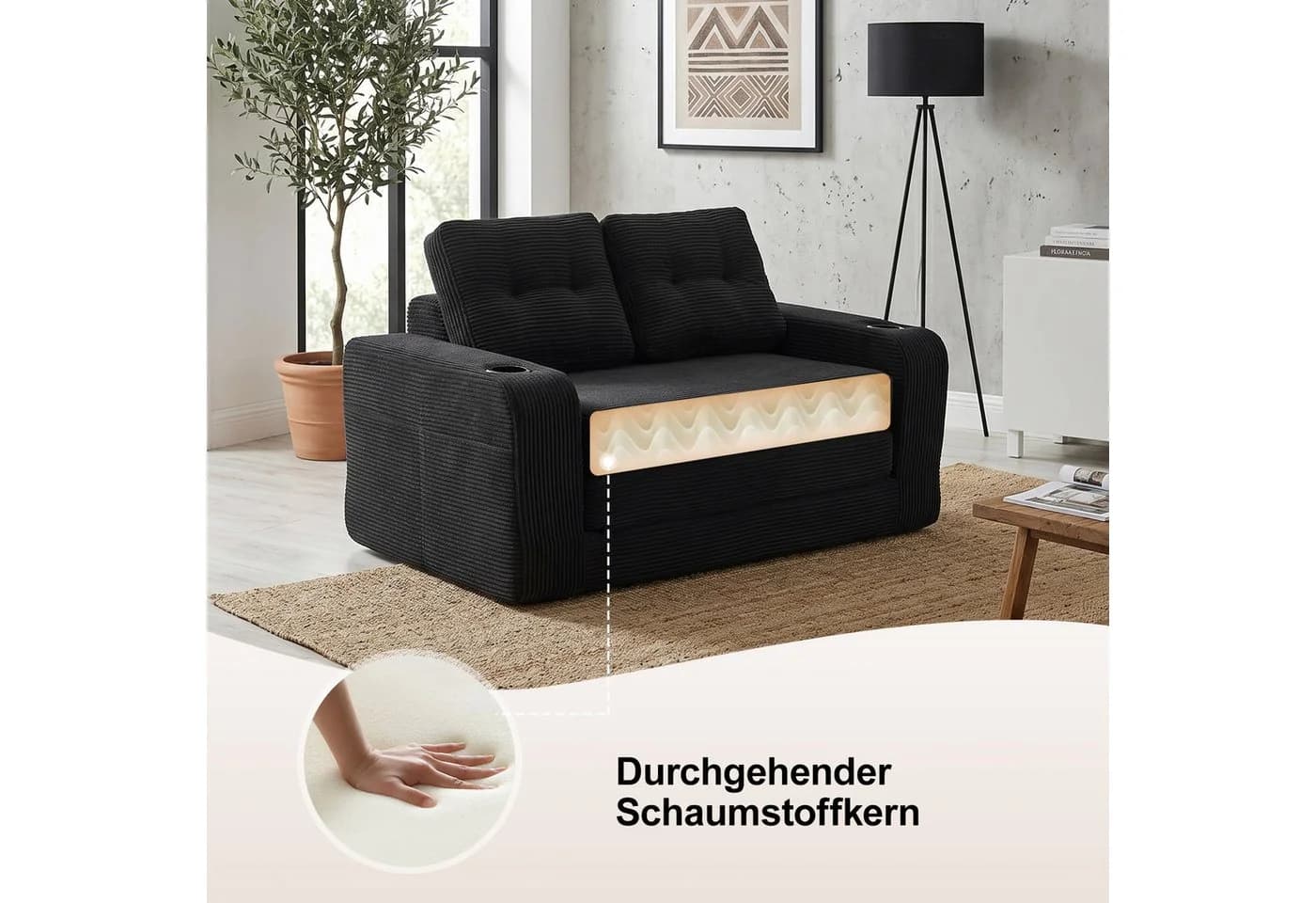 GLP Schlafsofa 2-Sitzer Schwarz Cord mit Getränkehaltern - Bild 5