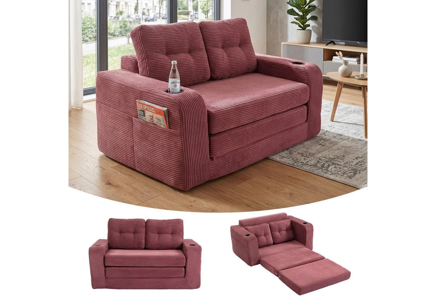 GLP Schlafsofa 2-Sitzer Weinrot mit Getränkehaltern - Bild 2