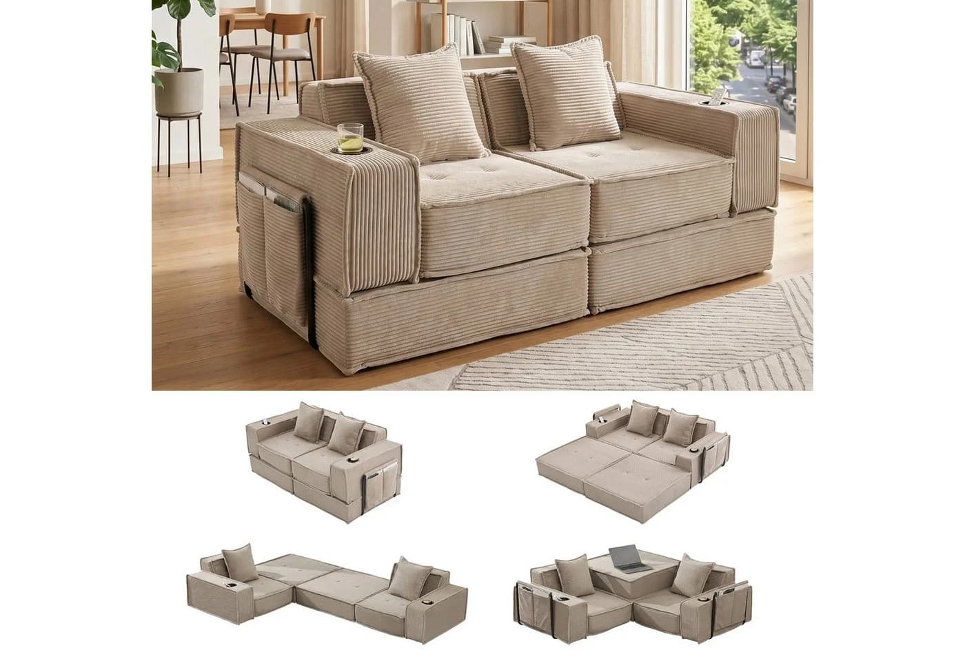 GLP Modulares Bodensofa 2-Sitzer Beige Cord Schlafsofa - Bild 2