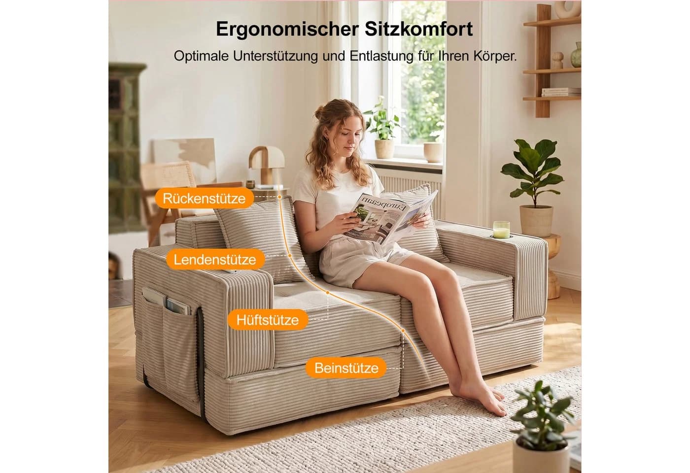 GLP Modulares Bodensofa 2-Sitzer Beige Cord Schlafsofa - Bild 4