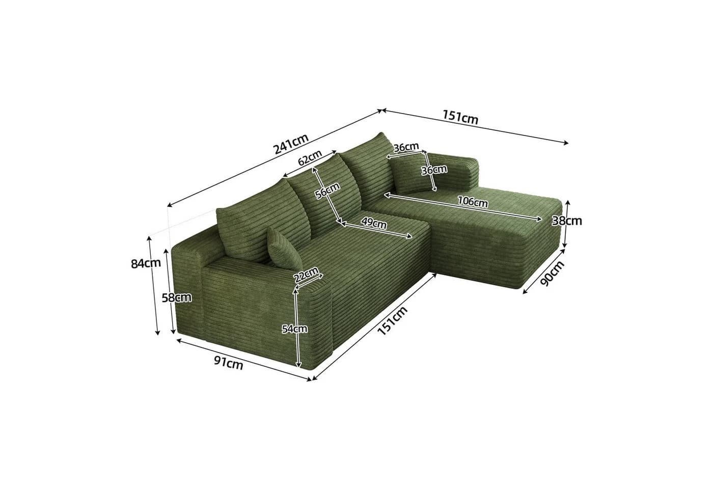 GLP Ecksofa L-Form Cord Cloud Sofa Grün Modern - Bild 3