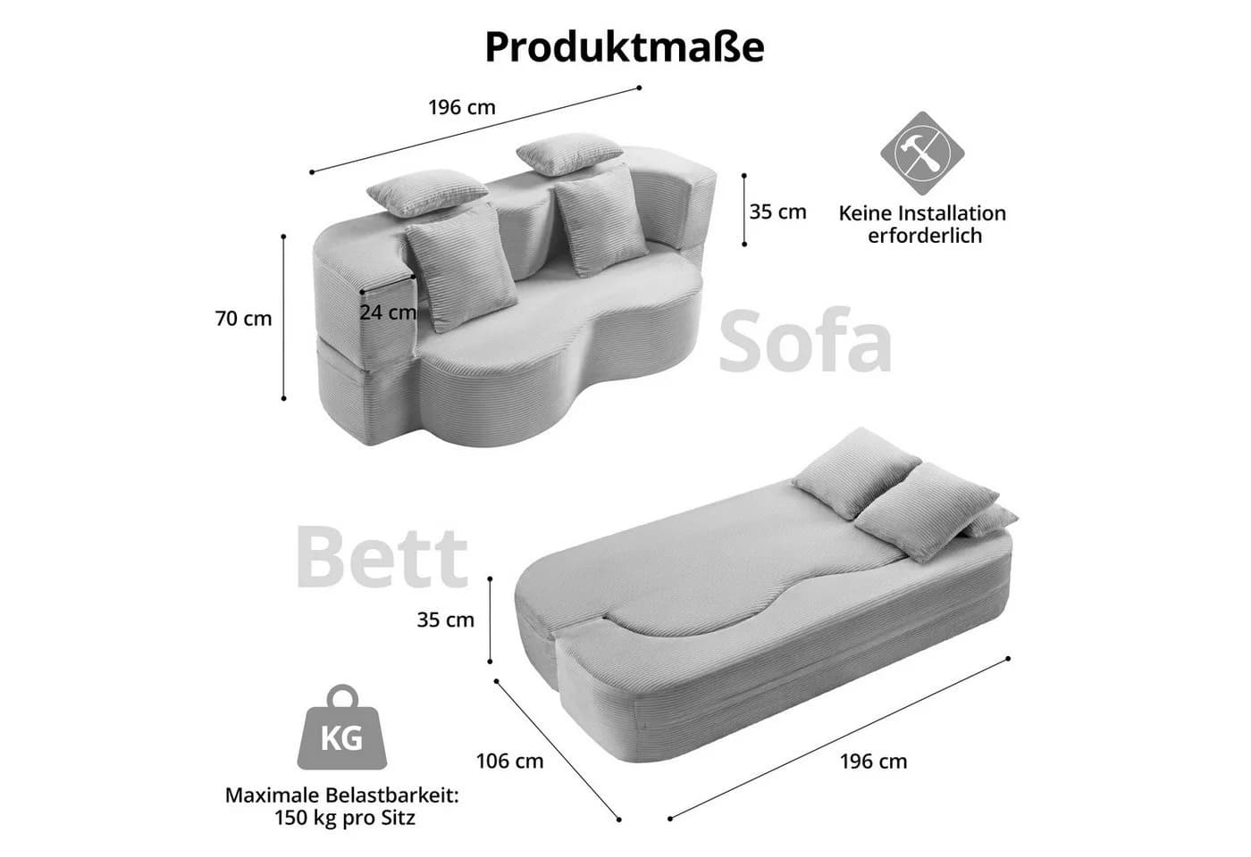 GLP Schlafsofa 2-Sitzer Grau mit Schlaffunktion und Kissen - Bild 3
