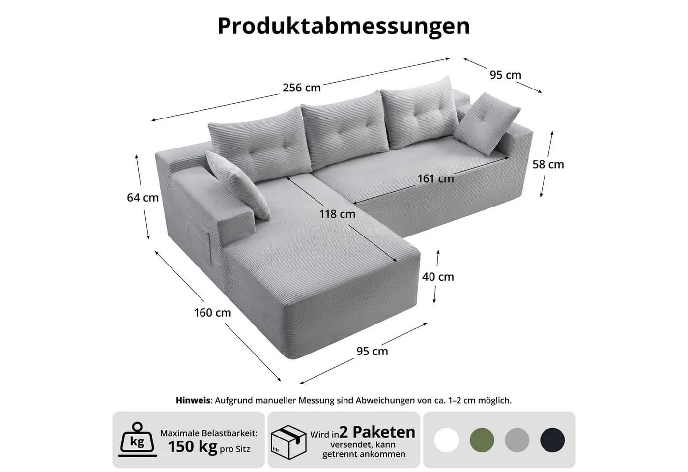 GLP Ecksofa L-Form 3-Sitzer Cord grau mit Taschenfederkern - Bild 3