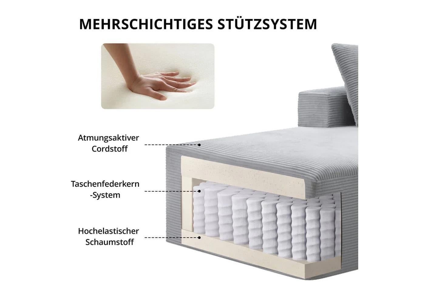 GLP Ecksofa L-Form 3-Sitzer Cord grau mit Taschenfederkern - Bild 4