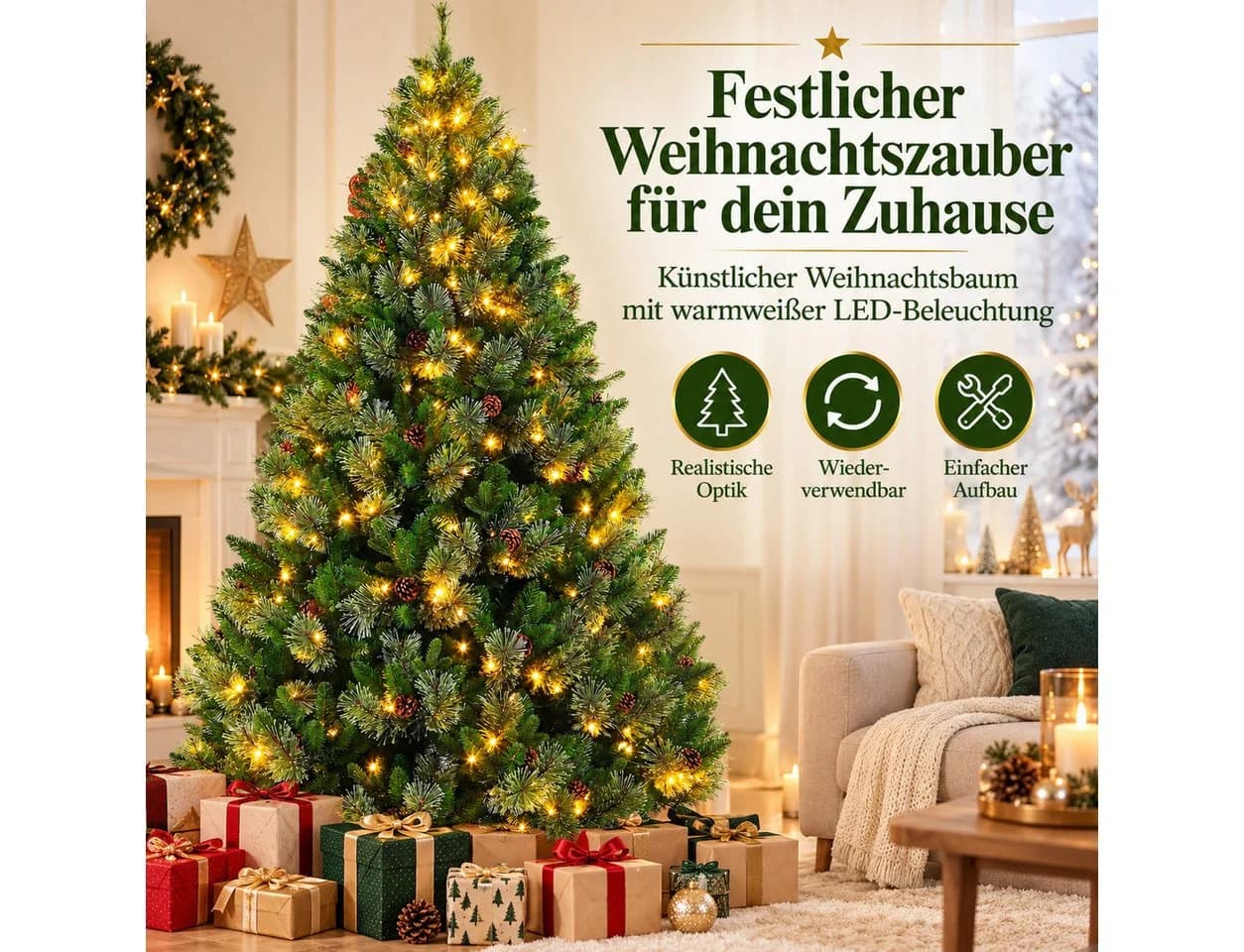 PHILODECO Künstlicher Weihnachtsbaum mit LED-Beleuchtung und Holzständer