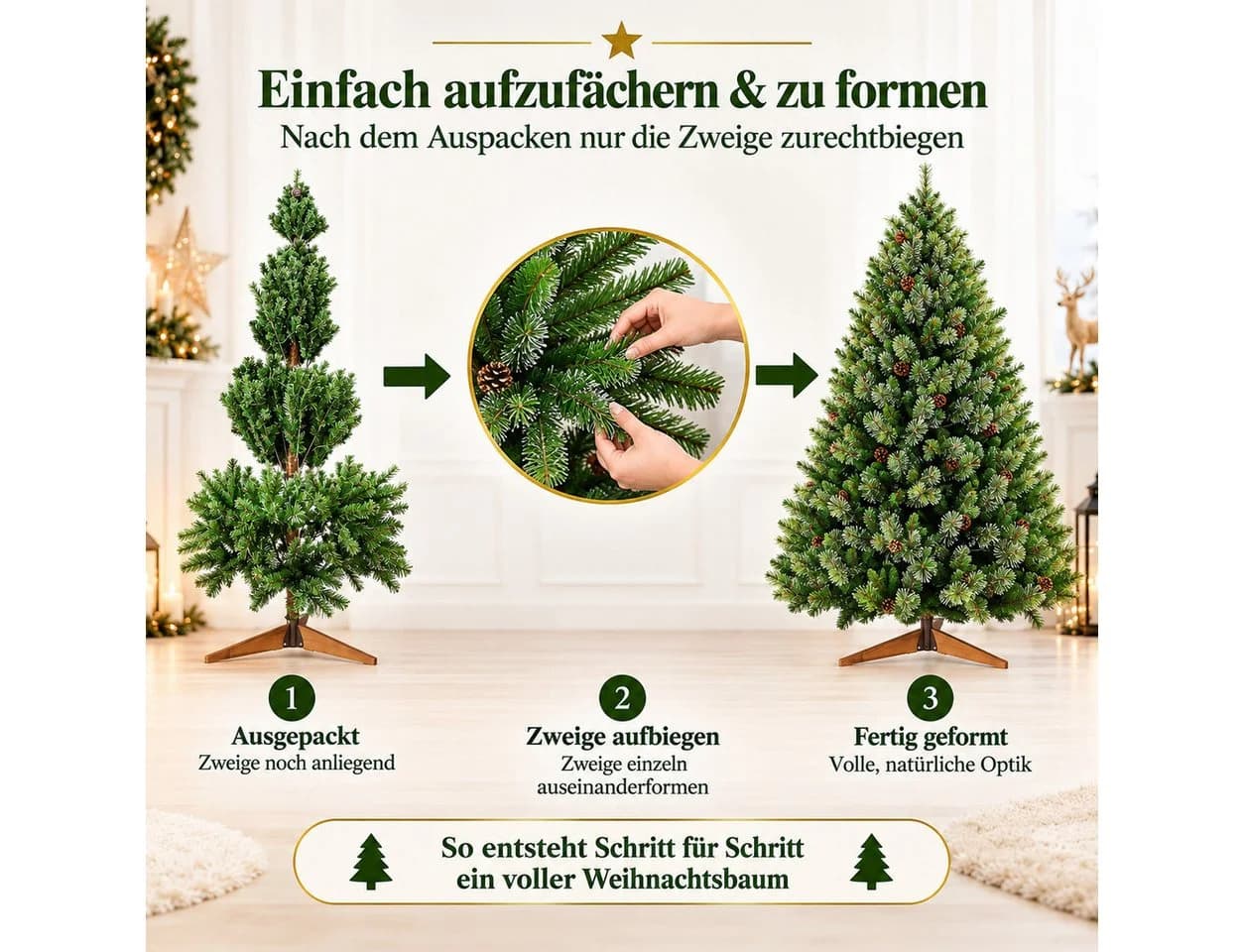 PHILODECO Künstlicher Weihnachtsbaum mit LED-Beleuchtung und Holzständer - Bild 3