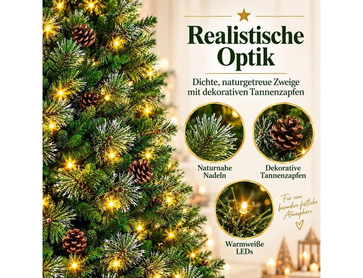 PHILODECO Künstlicher Weihnachtsbaum mit LED-Beleuchtung und Holzständer - Bild 5