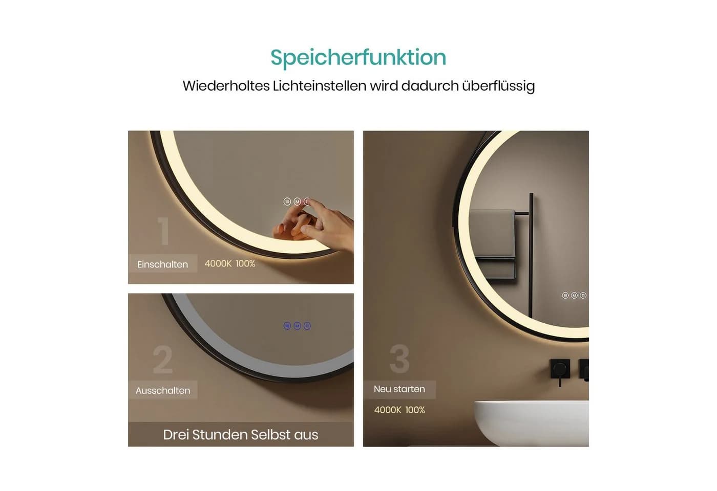 EMKE Badspiegel mit Beleuchtung Rund Schwarz Dimmbar Antibeschlag - Bild 4