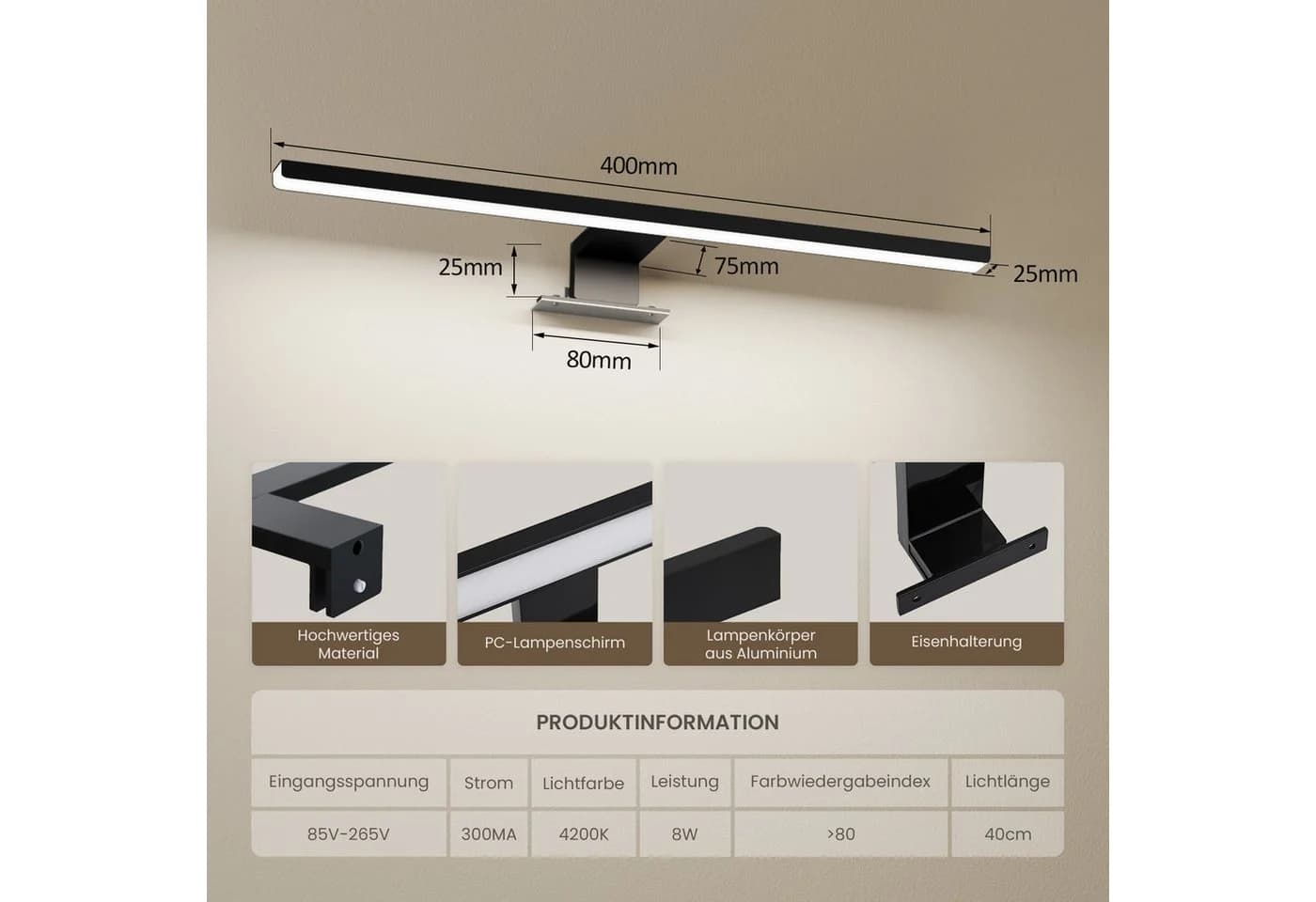 EMKE LED Spiegelleuchte 40cm Schwarz Chrom IP40 - Bild 4