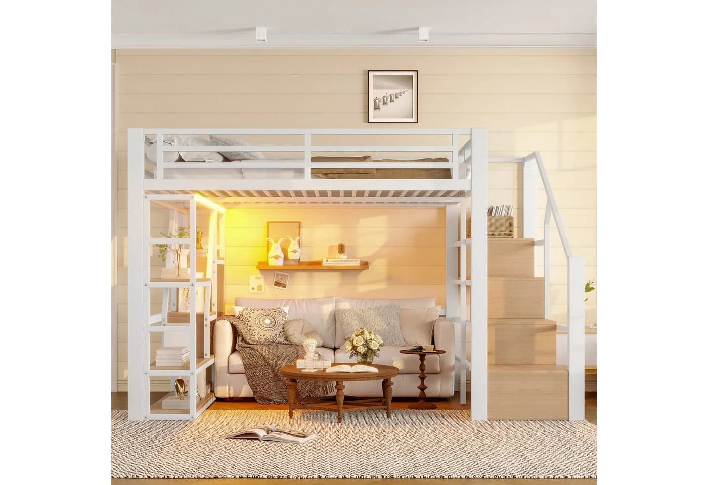 Odikalo Hochbett Metallbett mit LED-Beleuchtung und Stauraum - Bild 2