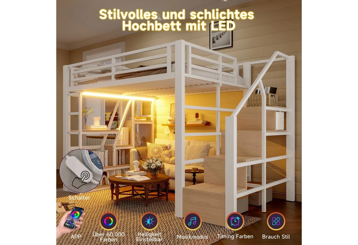 Odikalo Hochbett Metallbett mit LED-Beleuchtung und Stauraum - Bild 3