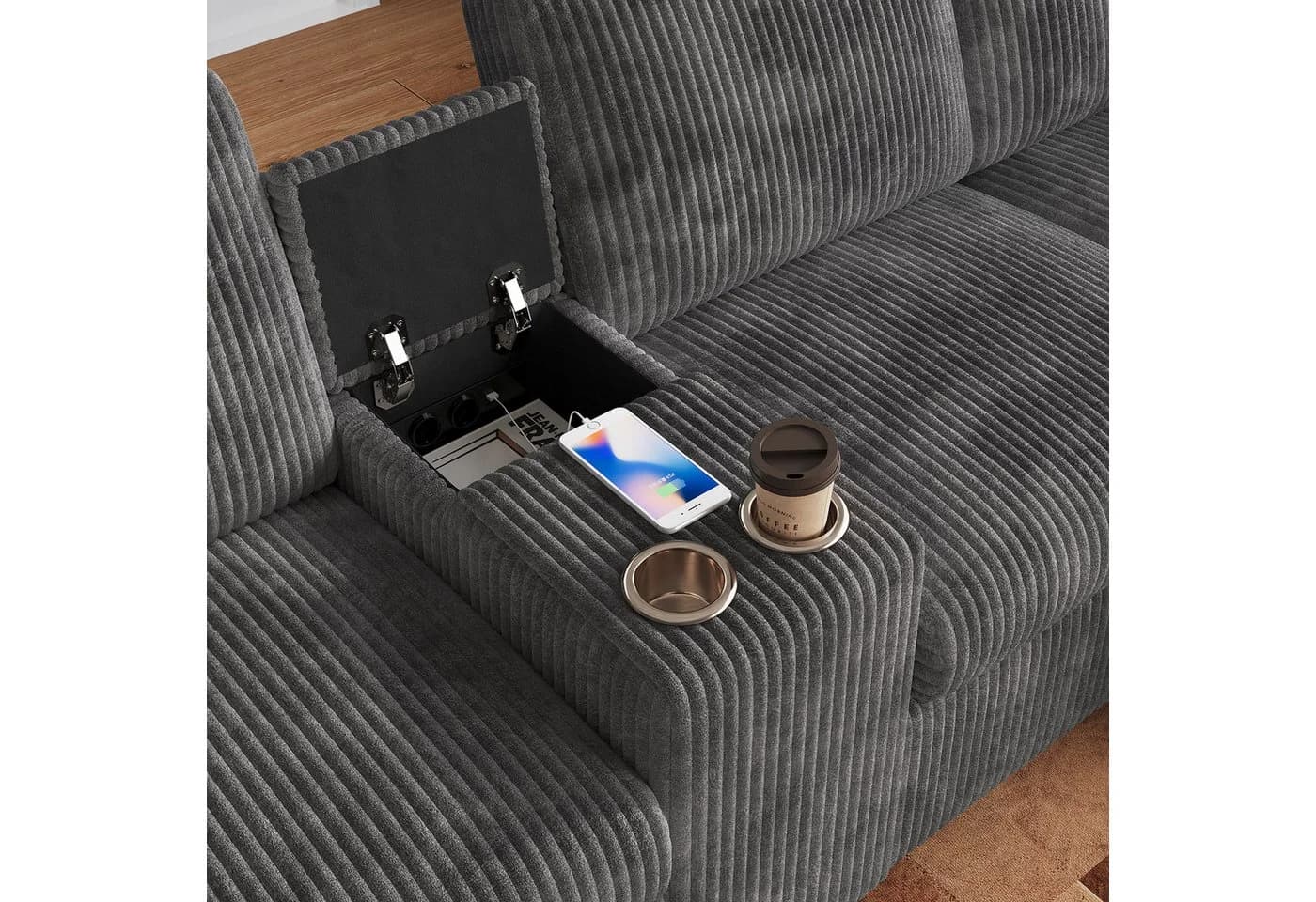 LANKI U-Form Wohnlandschaft mit Hockern, Stauraum & USB-Ladestation - Bild 3