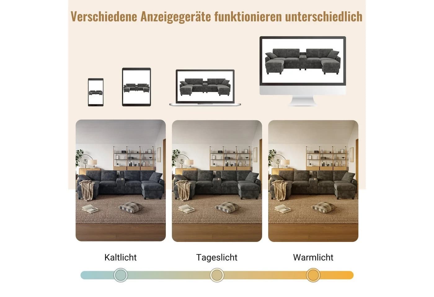 LANKI U-Form Wohnlandschaft mit Hockern, Stauraum & USB-Ladestation - Bild 4