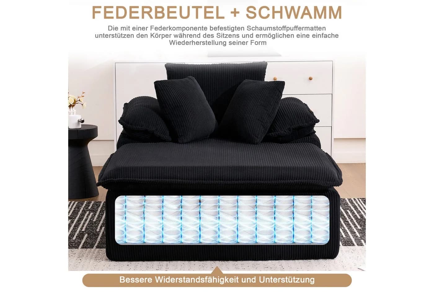 Odikalo Loungesofa Relaxsofa Schwarz Cordstoff - Bild 3