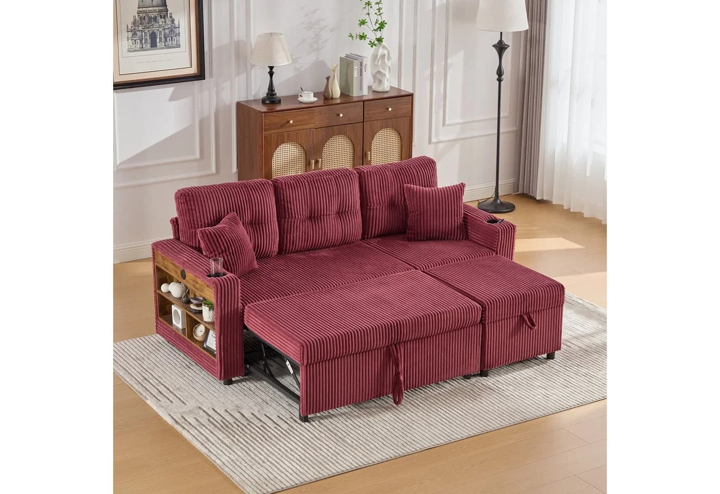 Odikalo 3-Sitzer Cord Sofa Ausziehbett mit Stauraum & USB-C