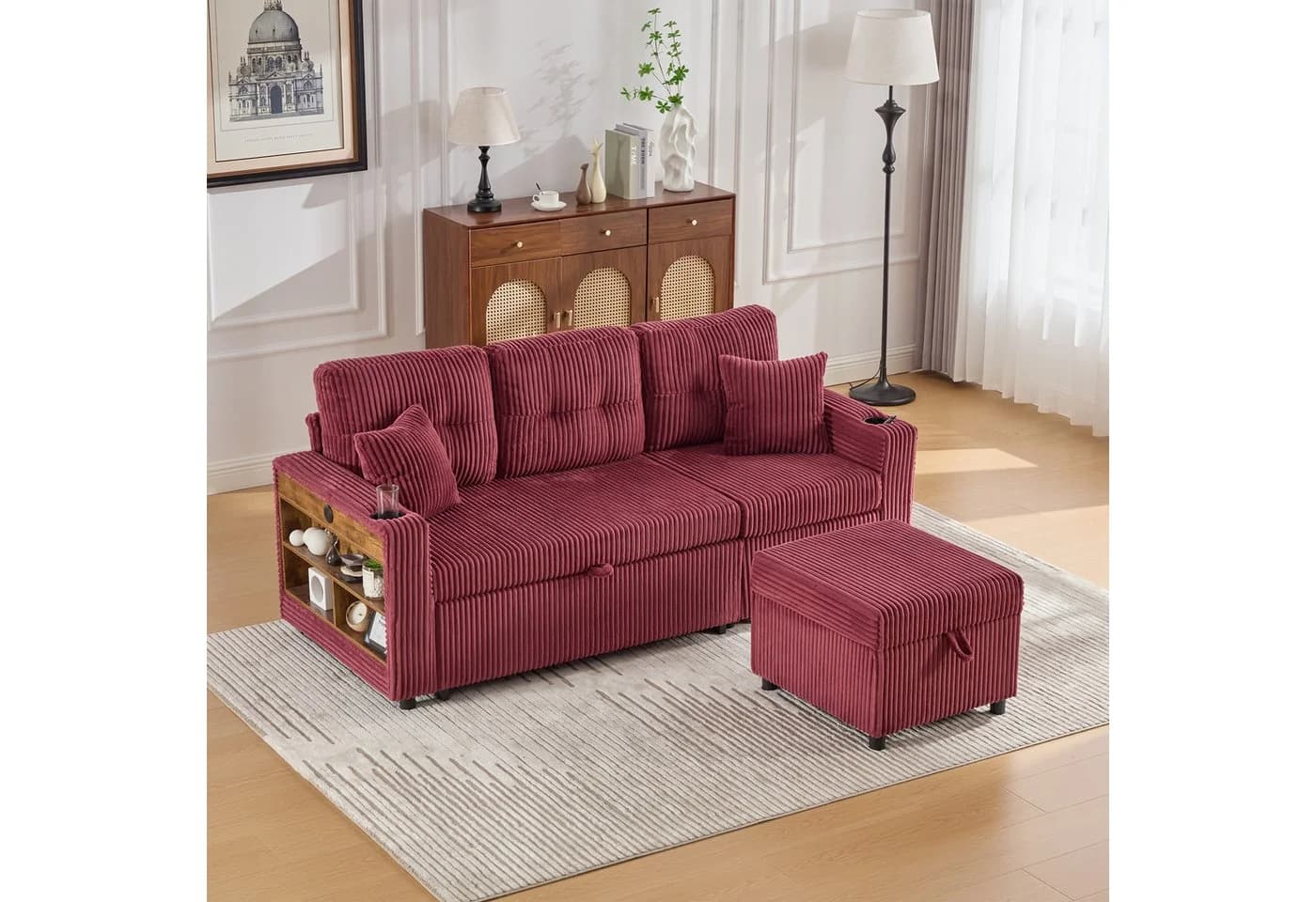 Odikalo 3-Sitzer Cord Sofa Ausziehbett mit Stauraum & USB-C - Bild 2