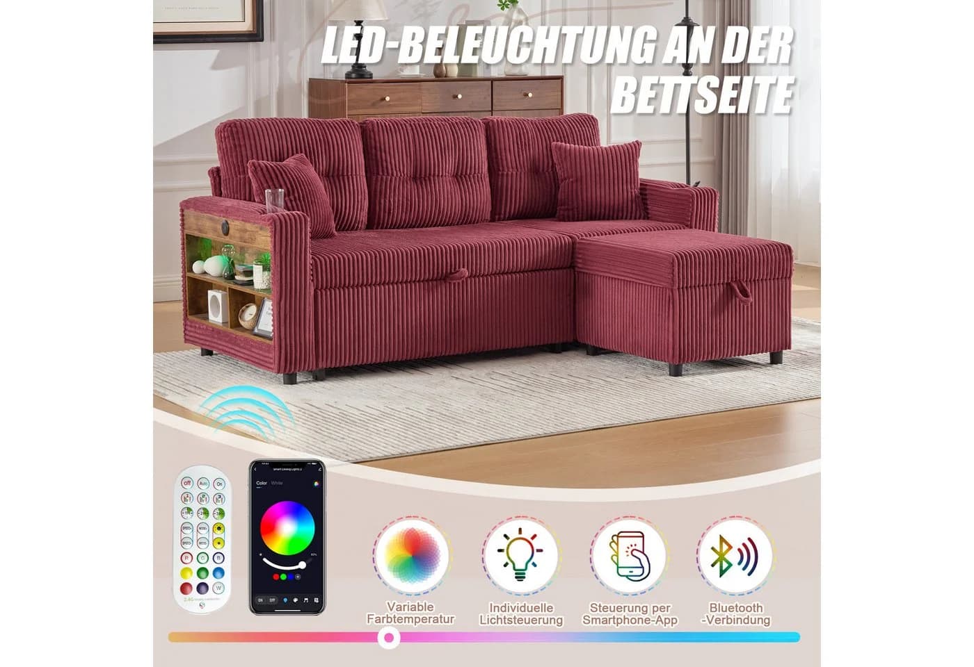 Odikalo 3-Sitzer Cord Sofa Ausziehbett mit Stauraum & USB-C - Bild 3