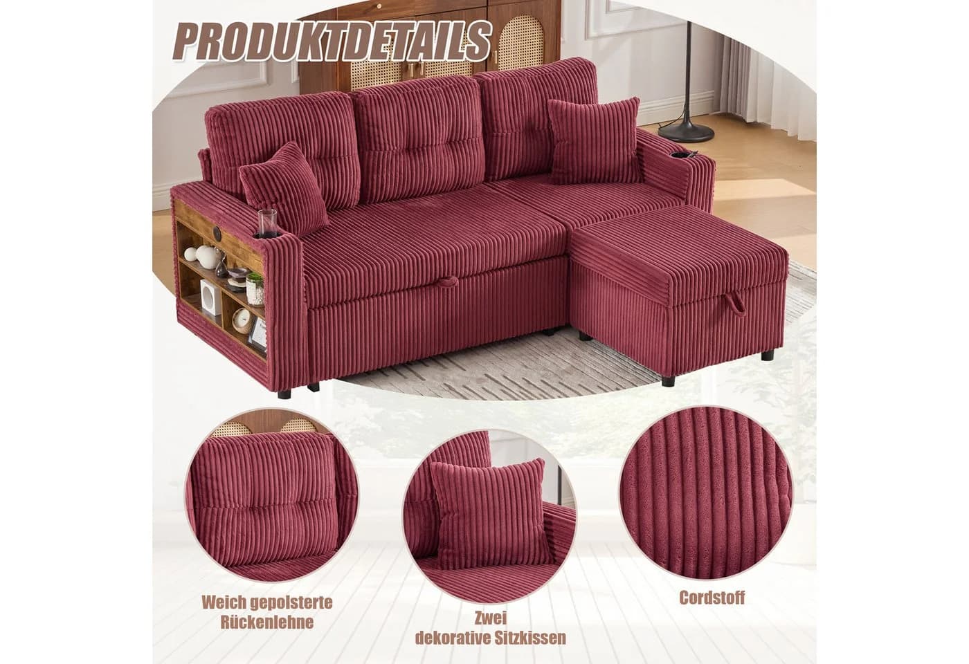 Odikalo 3-Sitzer Cord Sofa Ausziehbett mit Stauraum & USB-C - Bild 4