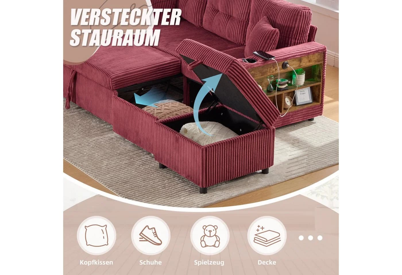 Odikalo 3-Sitzer Cord Sofa Ausziehbett mit Stauraum & USB-C - Bild 5
