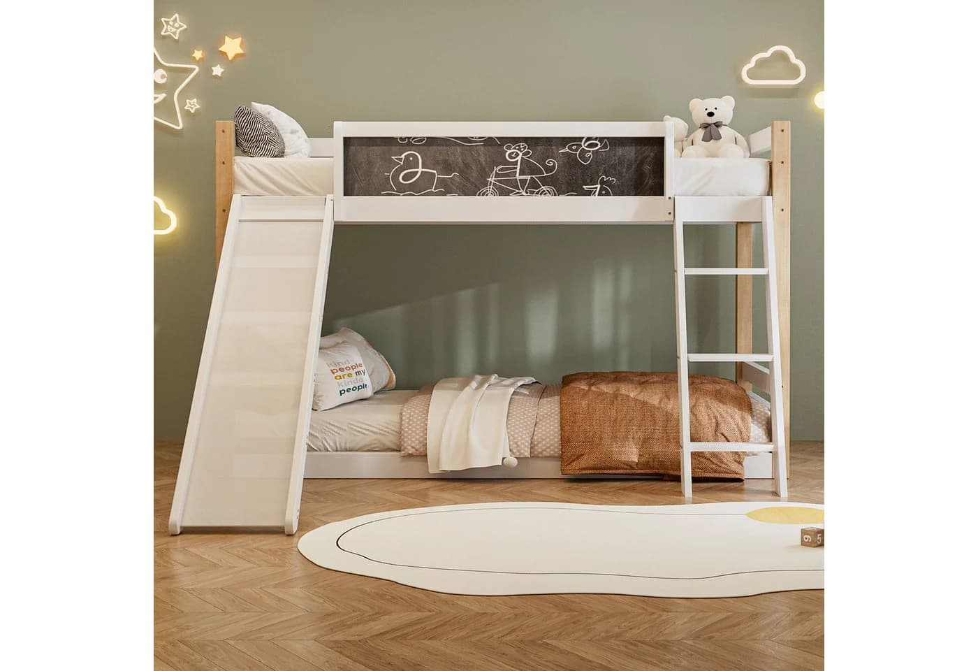 Odikalo Etagenbett Kinderbett mit Rutsche und Treppe Weiß