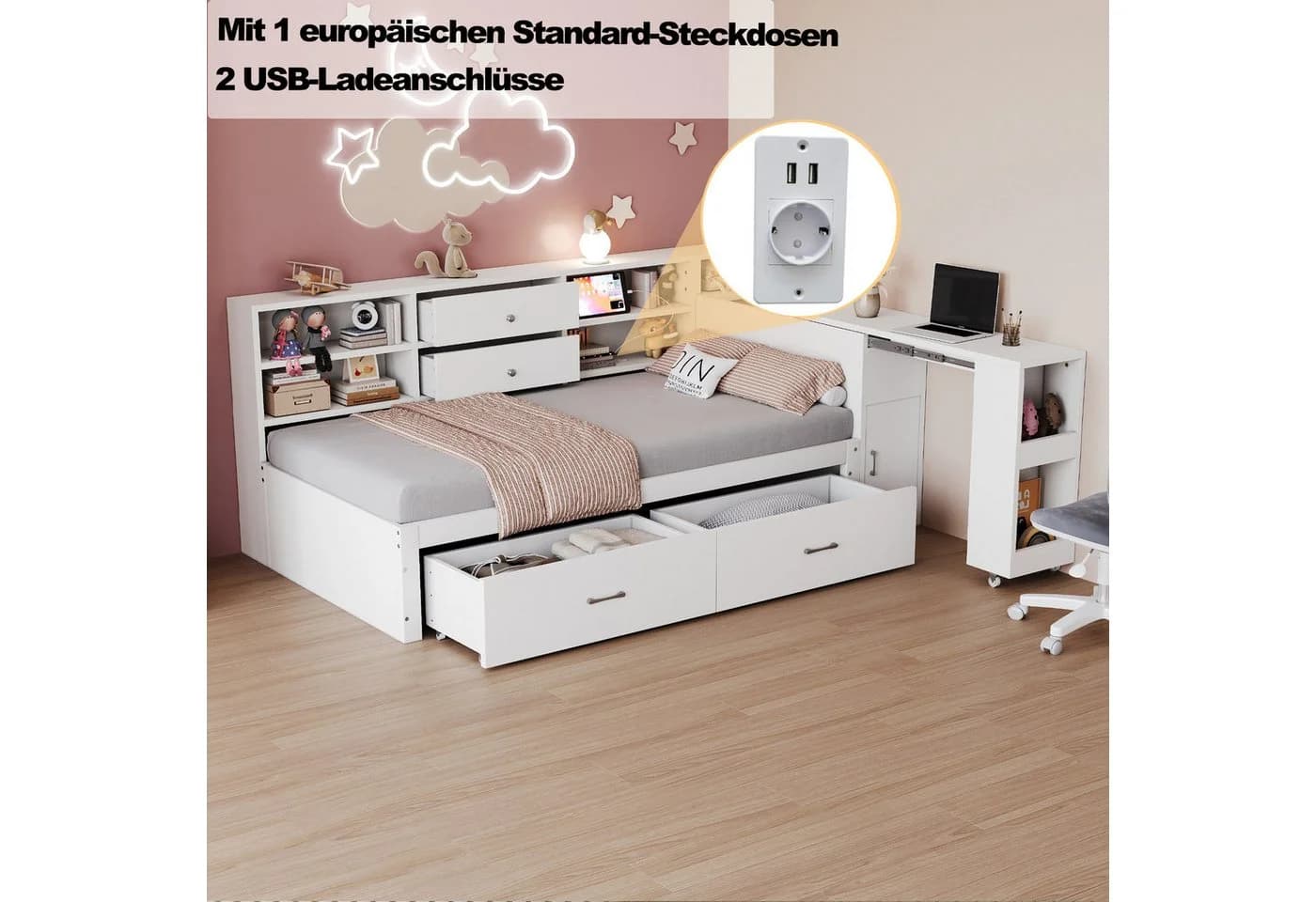 Odikalo Schlafsofa 90x200 mit Schreibtisch und Stauraum weiß