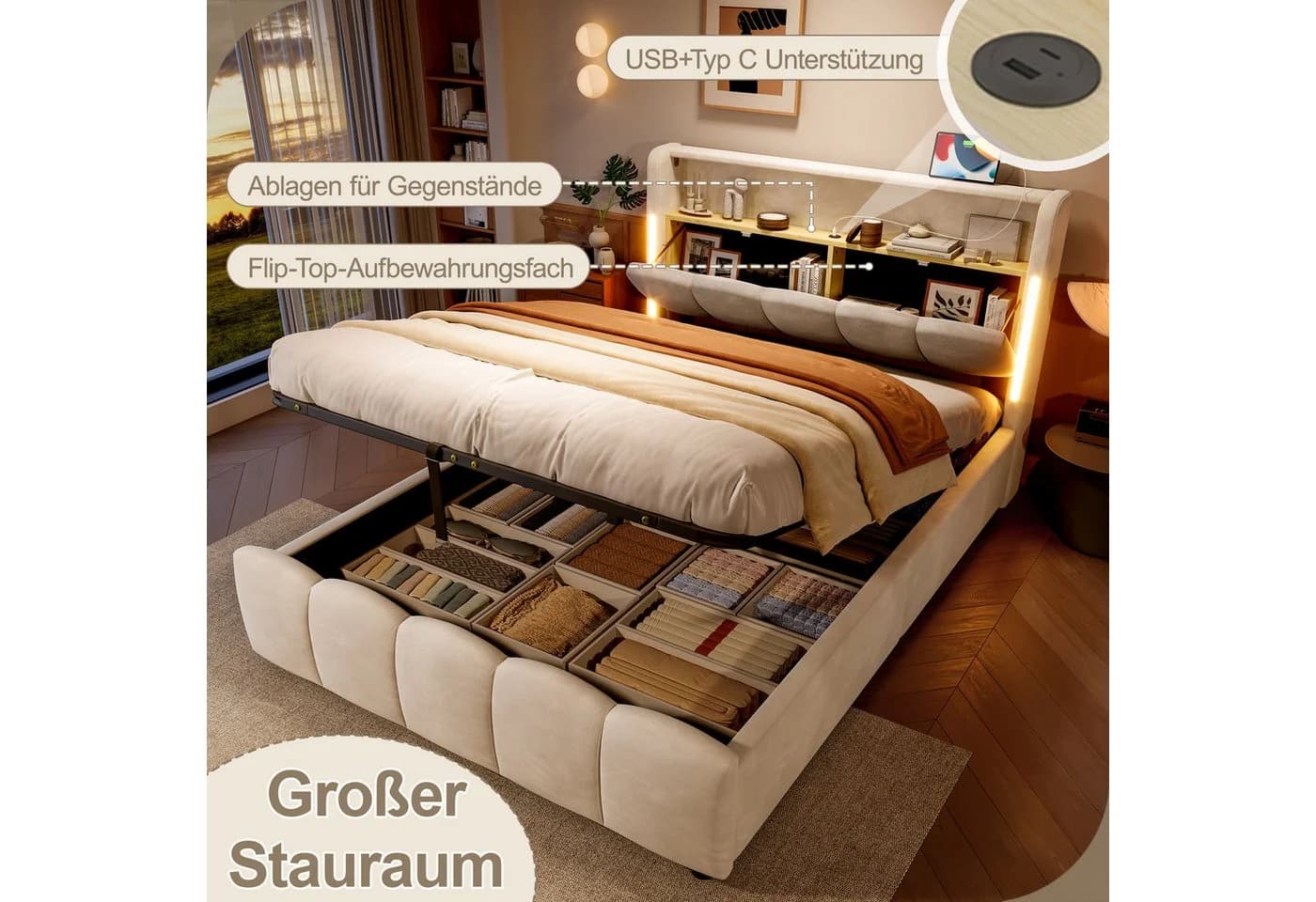 Odikalo Polsterbett 140x200 Samt Grau Beige LED Stauraum - Bild 3