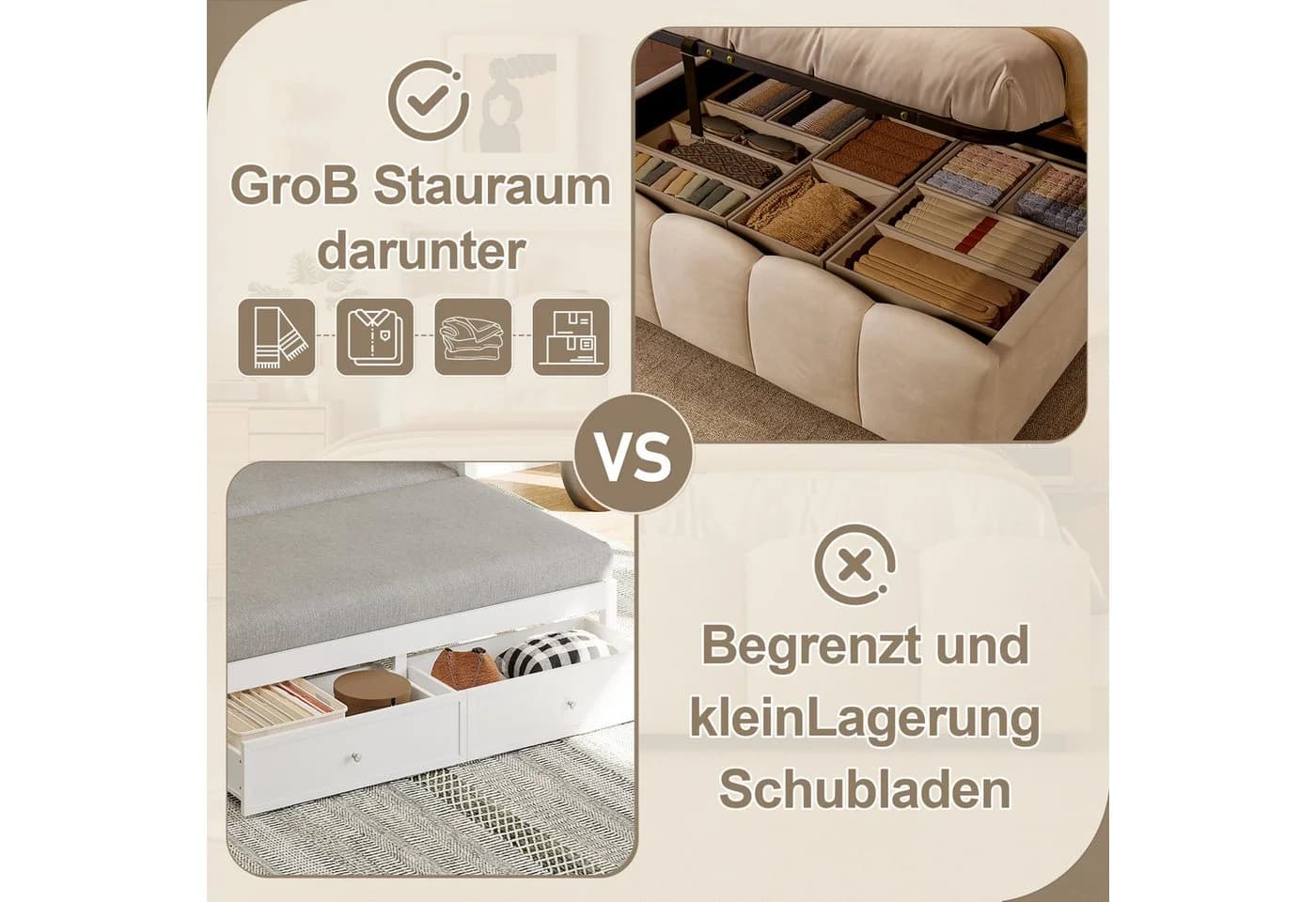 Odikalo Polsterbett 140x200 Samt Grau Beige LED Stauraum - Bild 5