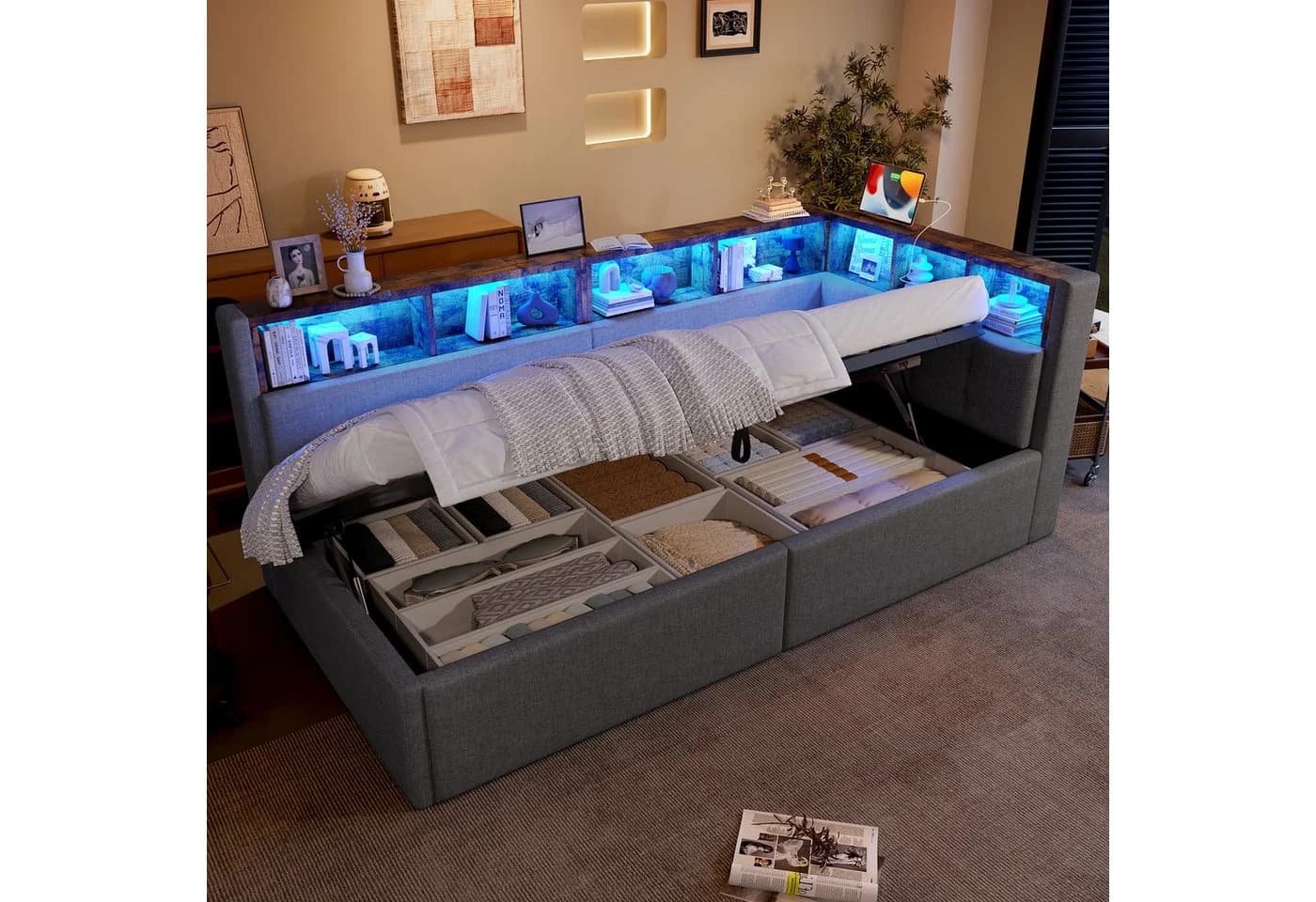 Odikalo Schlafsofa Schlafcouch mit LED-Beleuchtung Grau/Beige