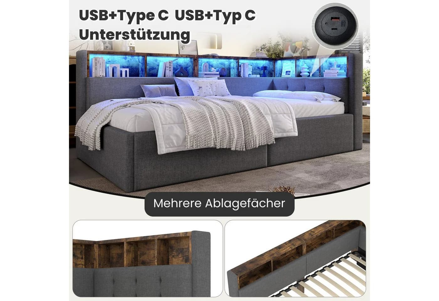 Odikalo Schlafsofa Schlafcouch mit LED-Beleuchtung Grau/Beige - Bild 4