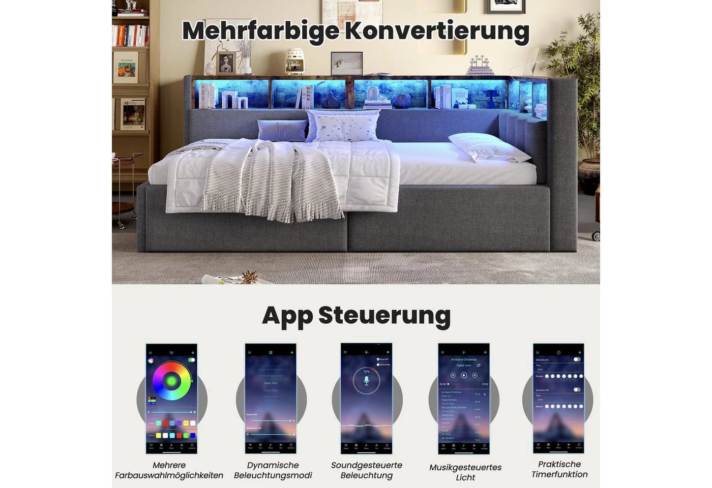 Odikalo Schlafsofa Schlafcouch mit LED-Beleuchtung Grau/Beige - Bild 5