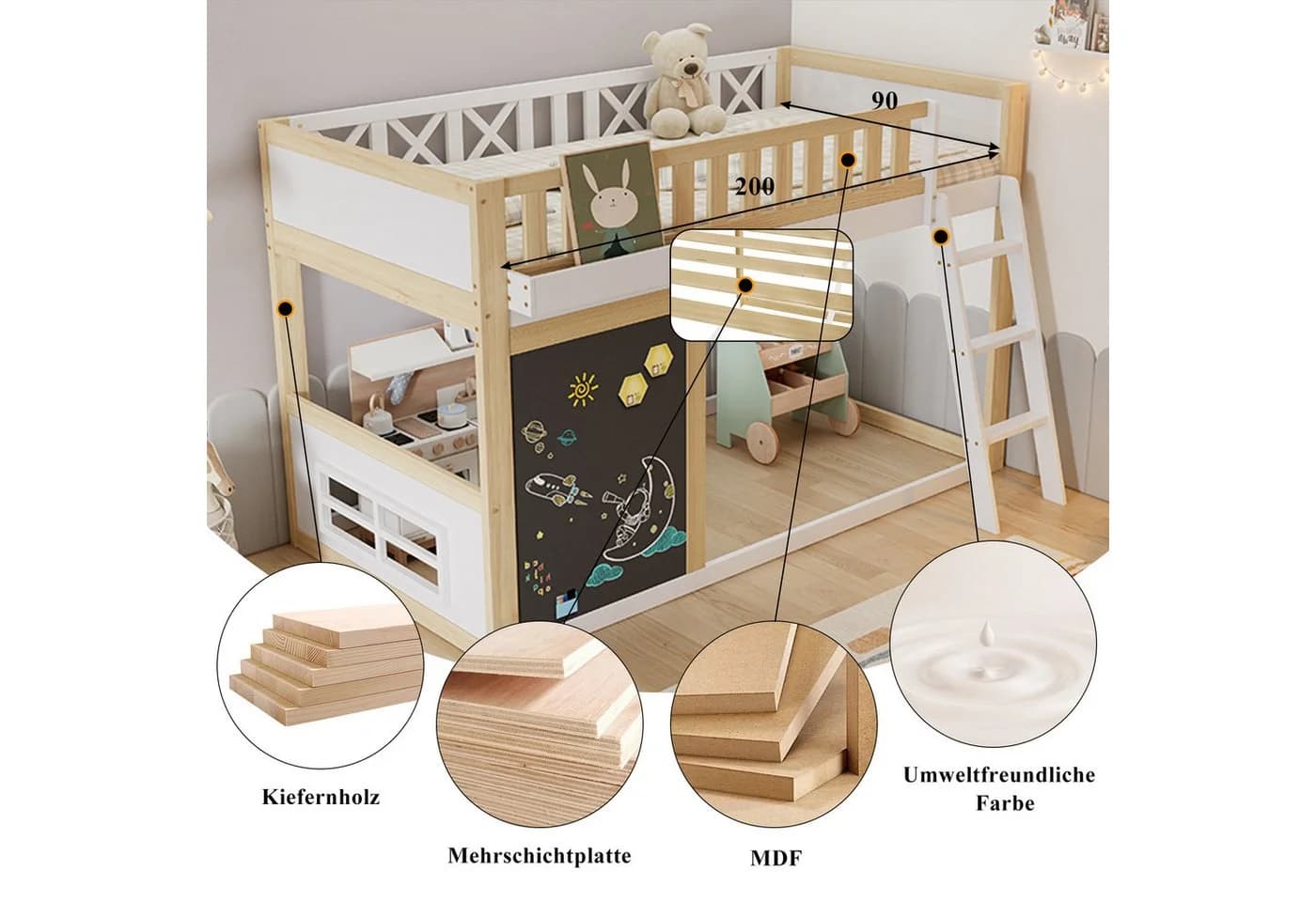 Odikalo Hochbett 90x200 mit Maltafel und Stauraum - Bild 4