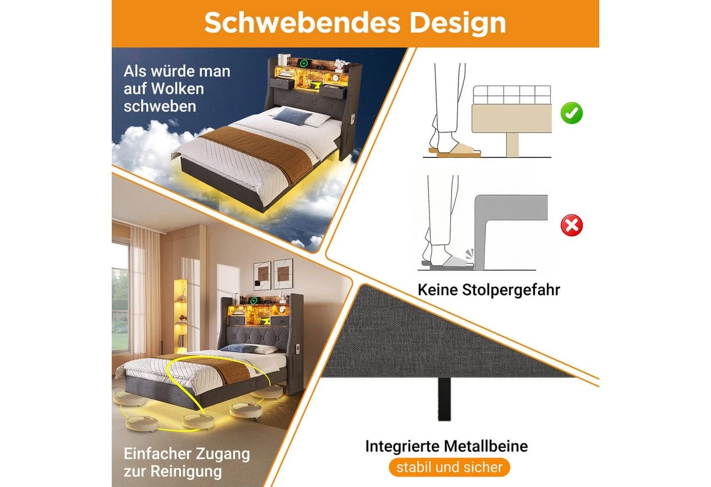 Odikalo Polsterbett Stauraumbett LED und Ladestation 90x200 cm - Bild 5