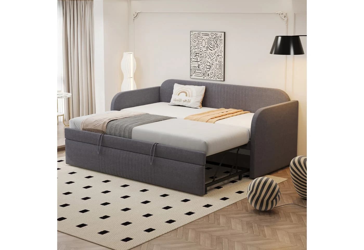 Odikalo Schlafsofa Schlafcouch mit Lattenrost 90x190 180x190, Auszug, Polsterbett Ausziehbares Schlafsofa 90/180*190 cm, mit vertikalen Streifen, mit Lattenrost, Multifunktionsbett, komfortabler und atmungsaktiver Leinenstoff, Grau