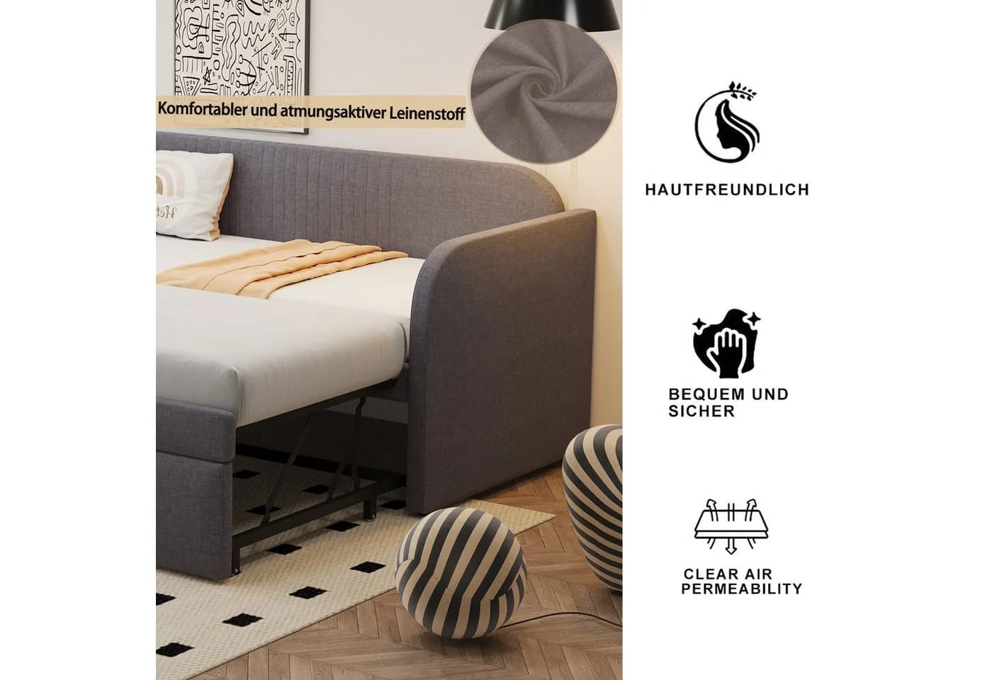 Odikalo Schlafsofa Schlafcouch mit Lattenrost 90x190 180x190, Auszug, Polsterbett Ausziehbares Schlafsofa 90/180*190 cm, mit vertikalen Streifen, mit Lattenrost, Multifunktionsbett, komfortabler und atmungsaktiver Leinenstoff, Grau - Bild 5