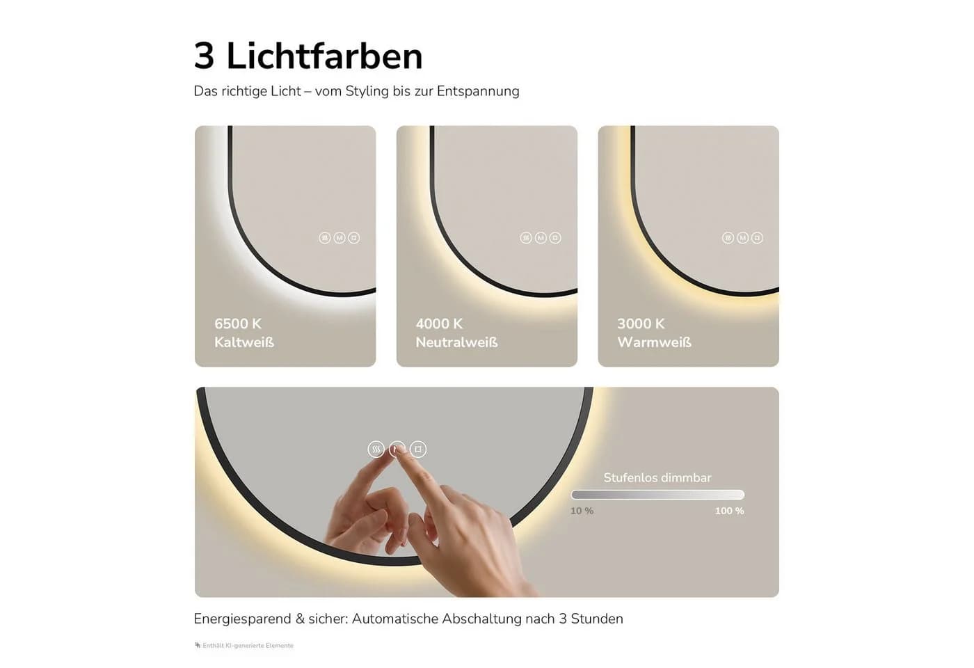 EMKE Badspiegel Oval mit LED, dimmbar, 3 Lichtfarben & Antibeschlag - Bild 3
