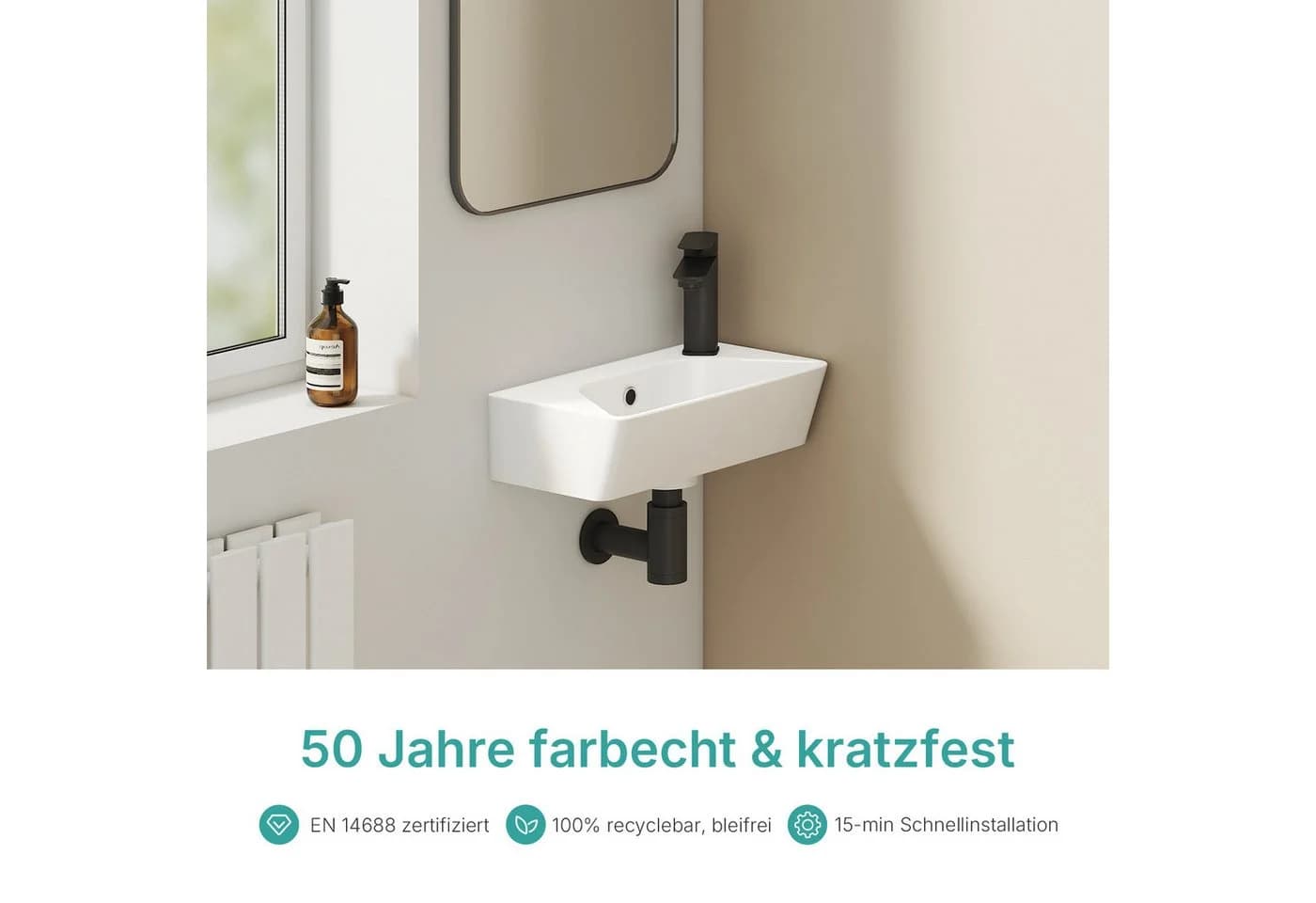 EMKE Hängewaschbecken Keramik Weiß Eckig 40x22,5cm - Bild 3