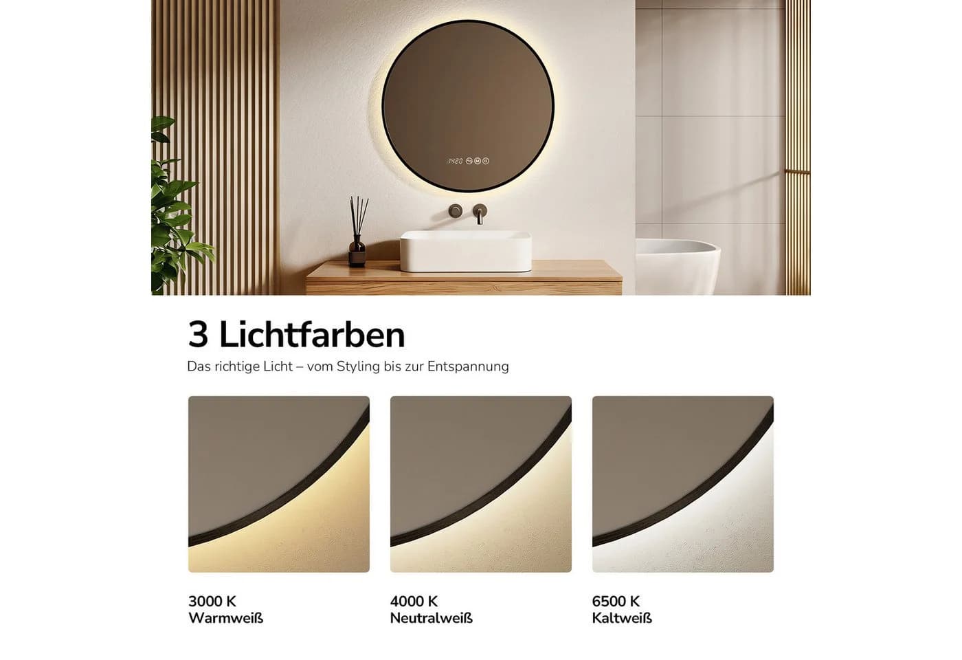 EMKE Badspiegel mit LED-Beleuchtung, Antibeschlag & Touchschalter