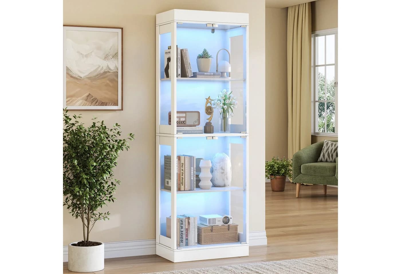 SVEYLXA Vitrine Beleuchtete LED Vitrine mit Glastüren & Regalen in Weiß - Bild 2