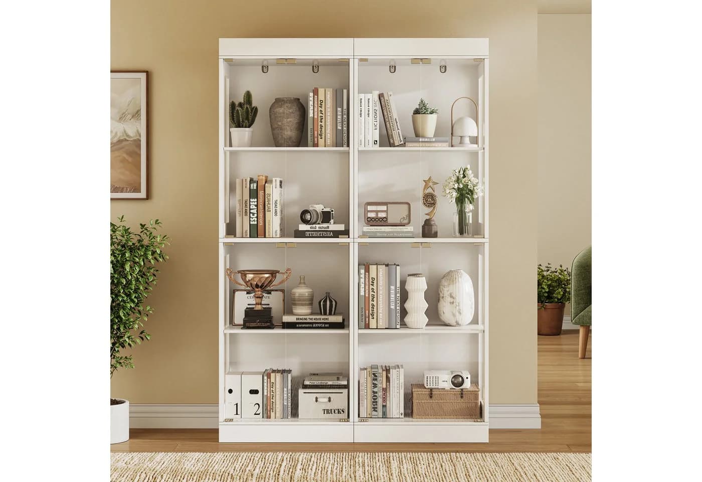 SVEYLXA Vitrine Beleuchtete LED Vitrine mit Glastüren & Regalen in Weiß - Bild 3