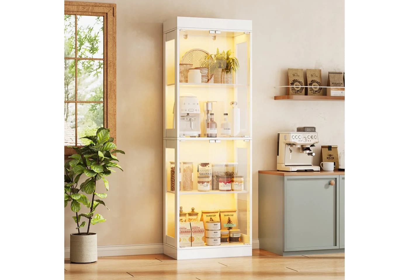 SVEYLXA Vitrine Beleuchtete LED Vitrine mit Glastüren & Regalen in Weiß - Bild 4