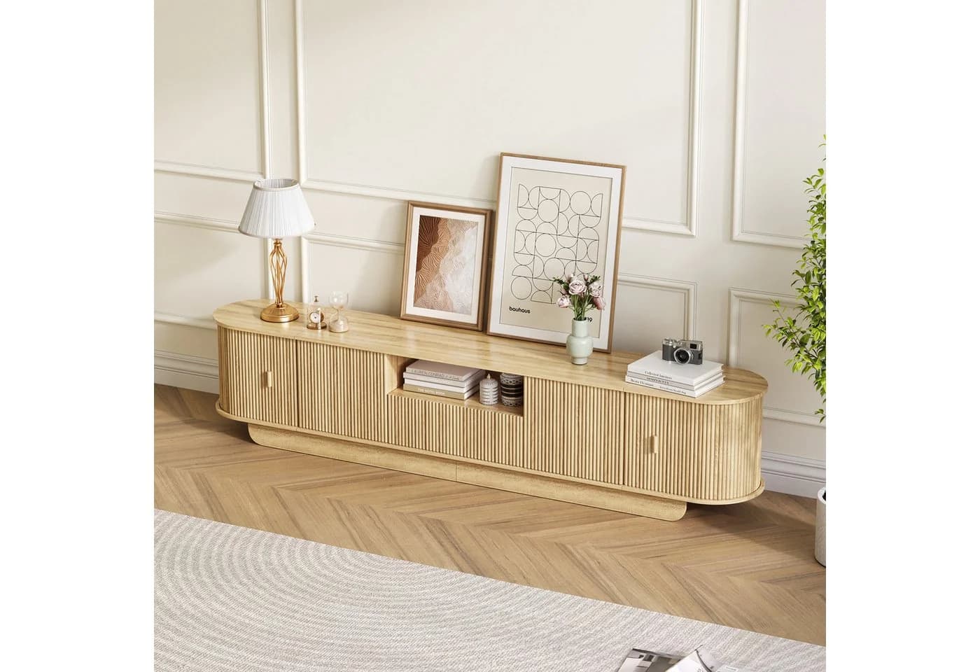 SVEYLXA TV-Lowboard 175 cm mit Rillen-Schiebetüren Beige