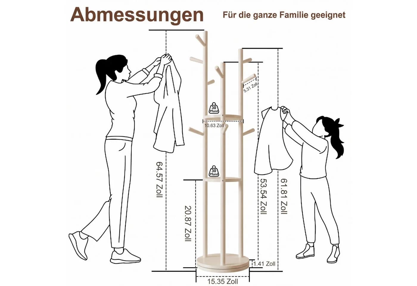 AQIMUELE Garderobenständer drehbar Weiß Massivholz