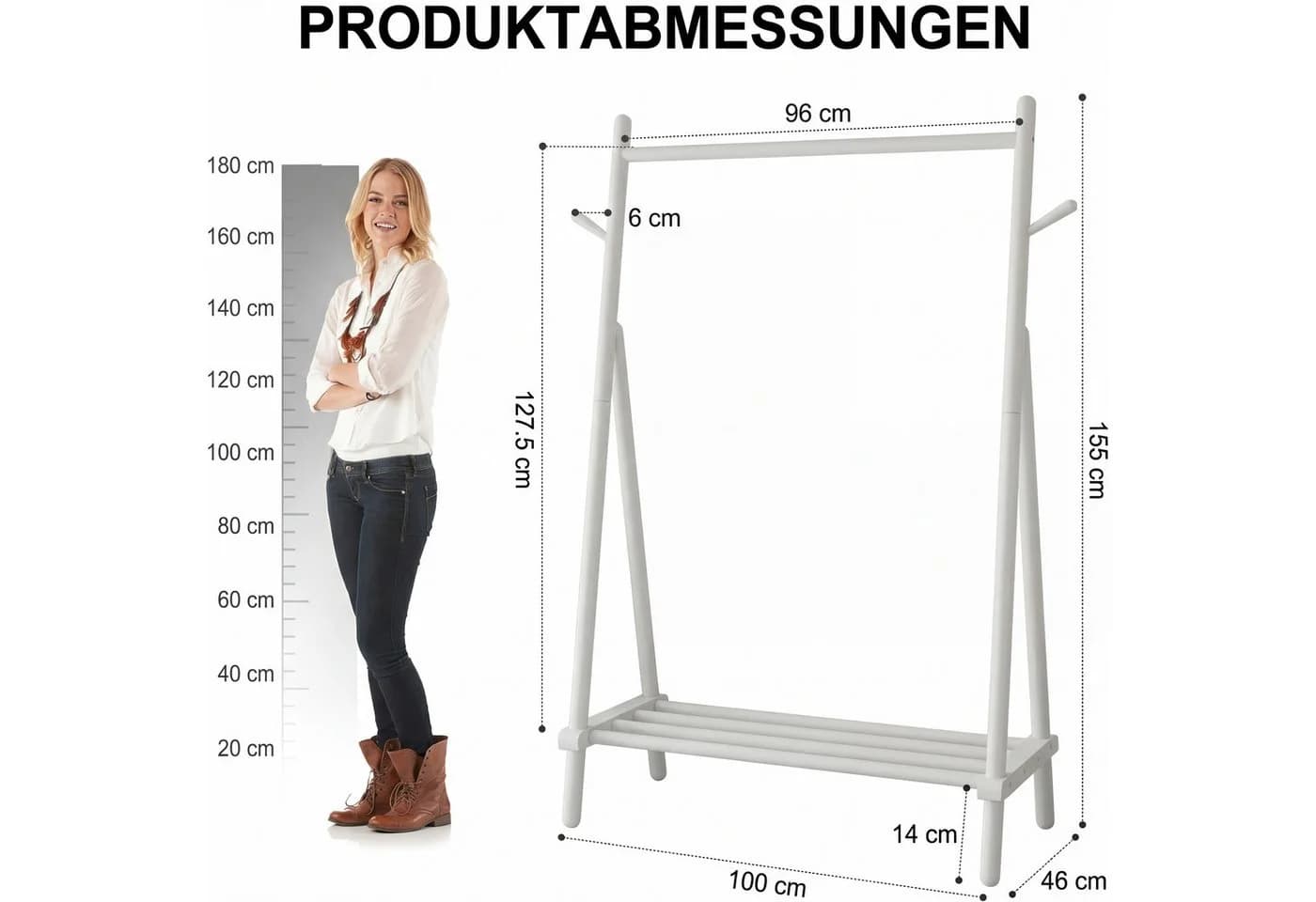 AQIMUELE Kleiderständer Massivholz Weiß mit Ablage
