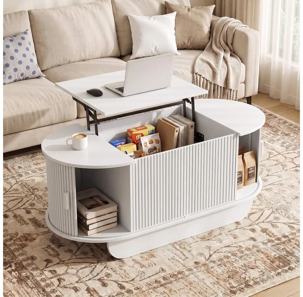 SVEYLXA Höhenverstellbarer Couchtisch mit Stauraum & Schiebetüren Lift-Top Weiß - Bild 2