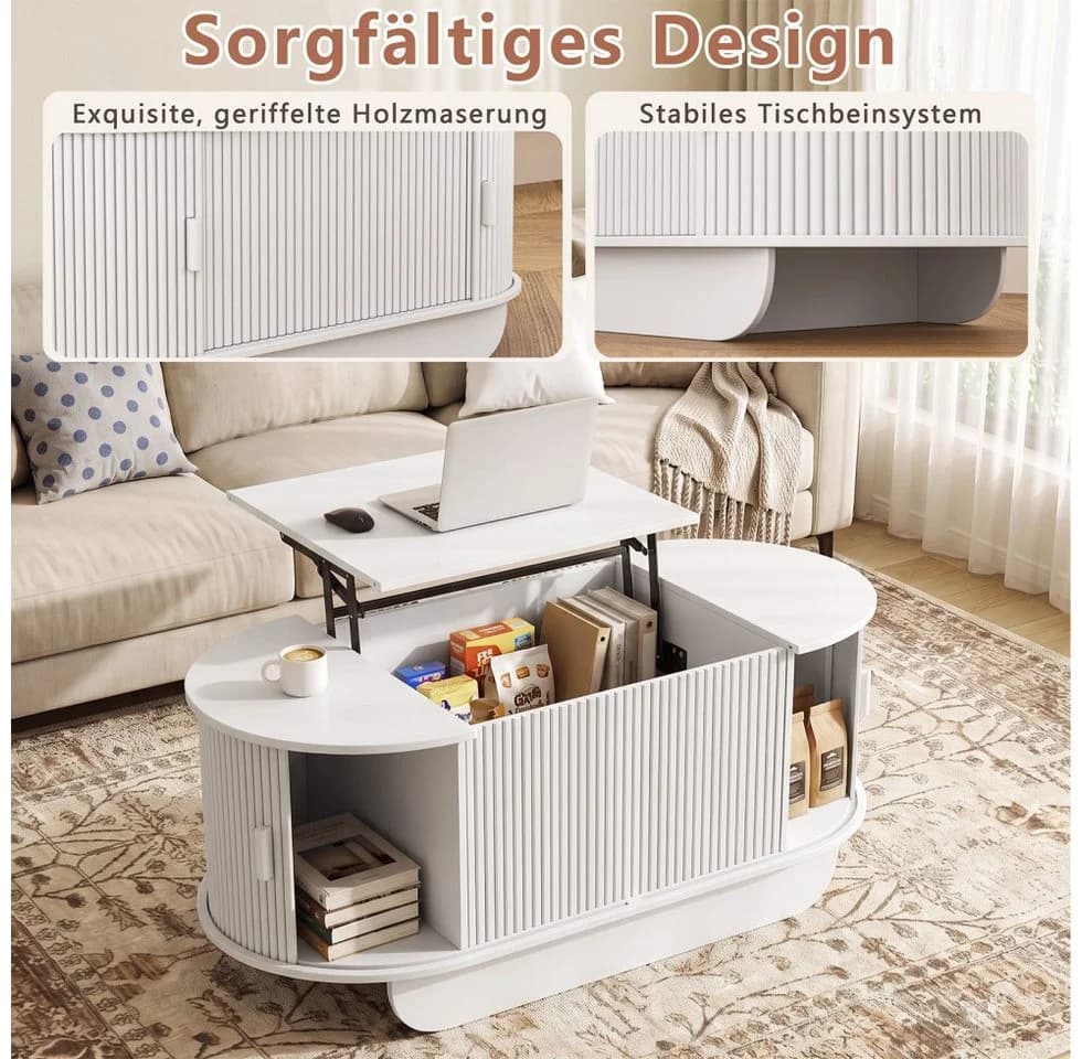 SVEYLXA Höhenverstellbarer Couchtisch mit Stauraum & Schiebetüren Lift-Top Weiß - Bild 5